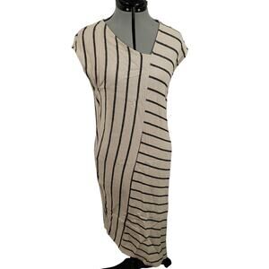 For Cynthia Womens Asymmetrical Linen Maxi Dress Sz M Beige Striped Lagenlook
